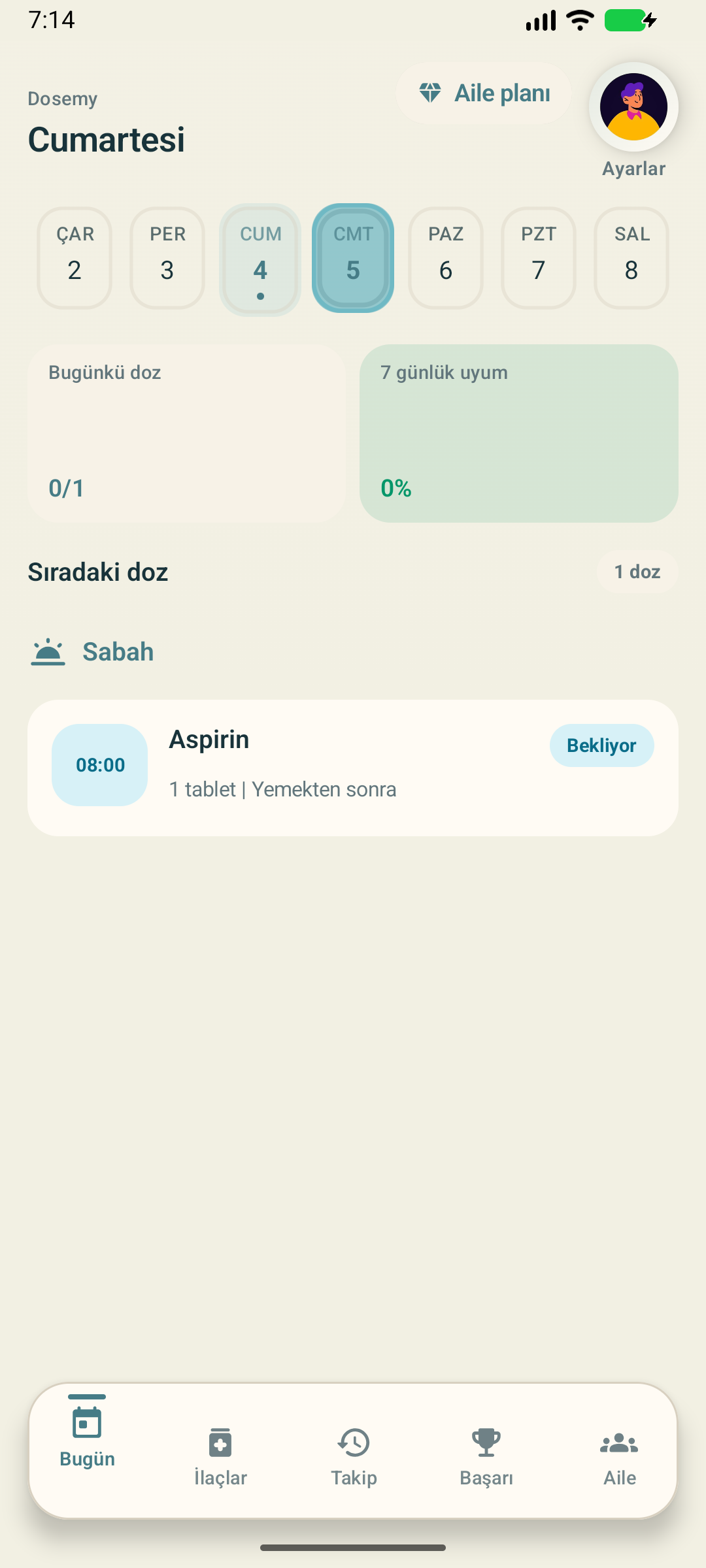 Dosemy app screen in Turkish