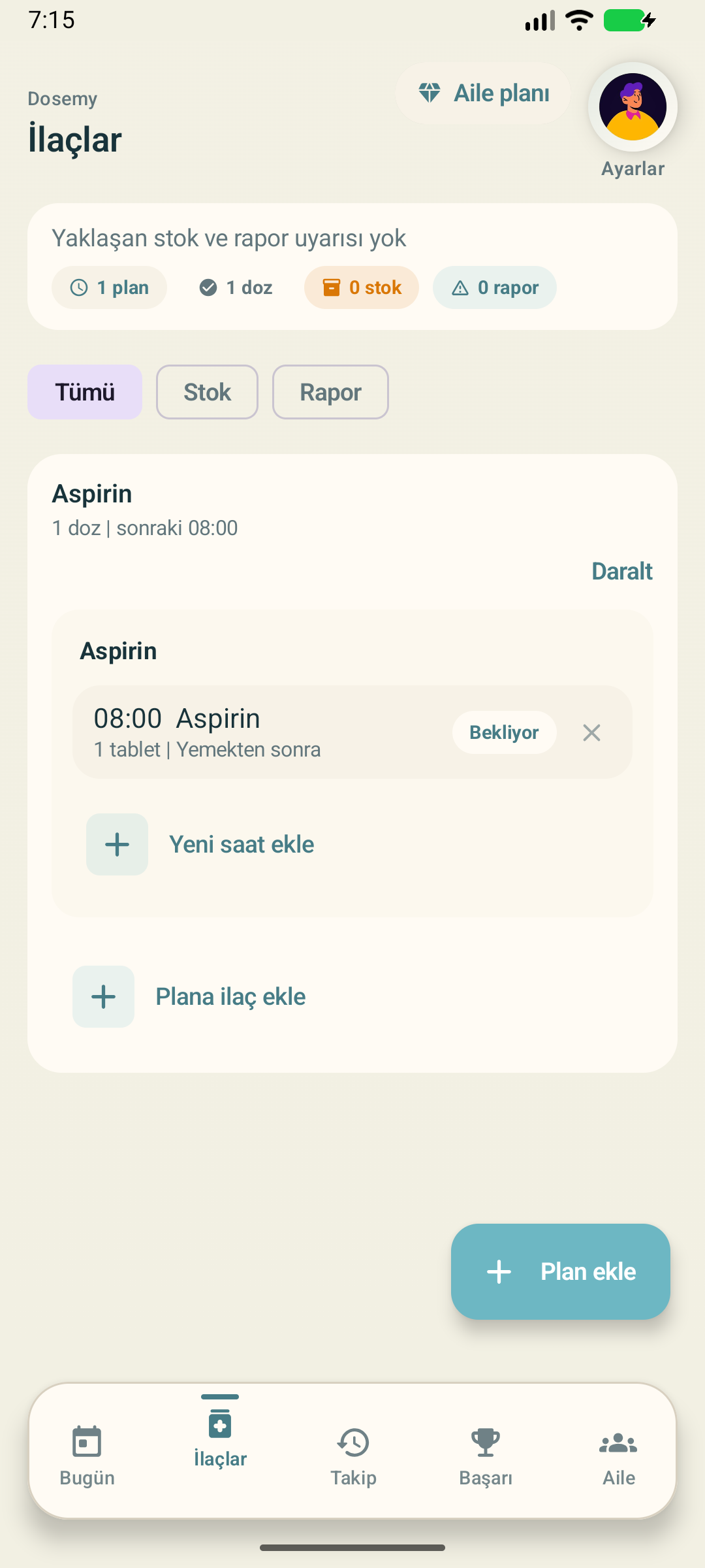 Dosemy app screen in Turkish