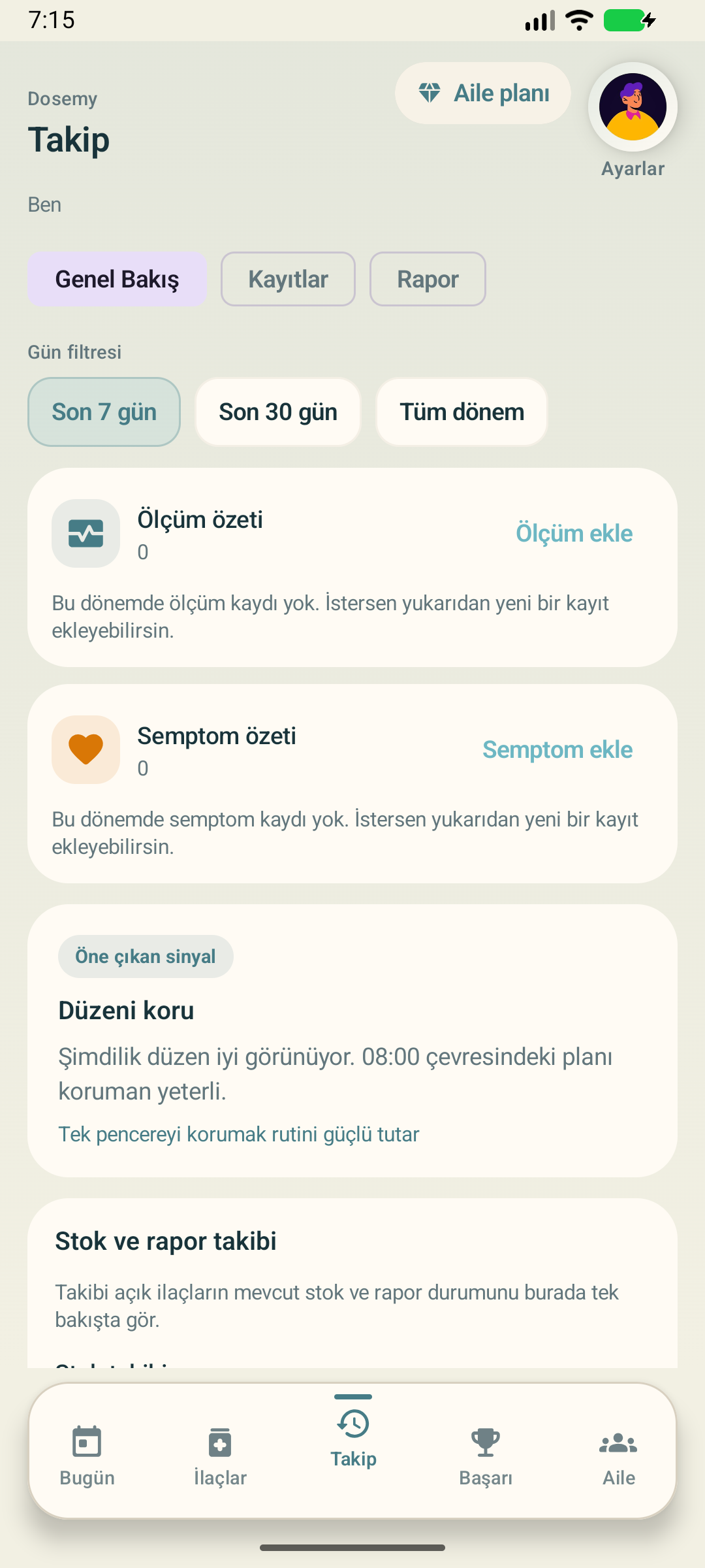 Dosemy app screen in Turkish